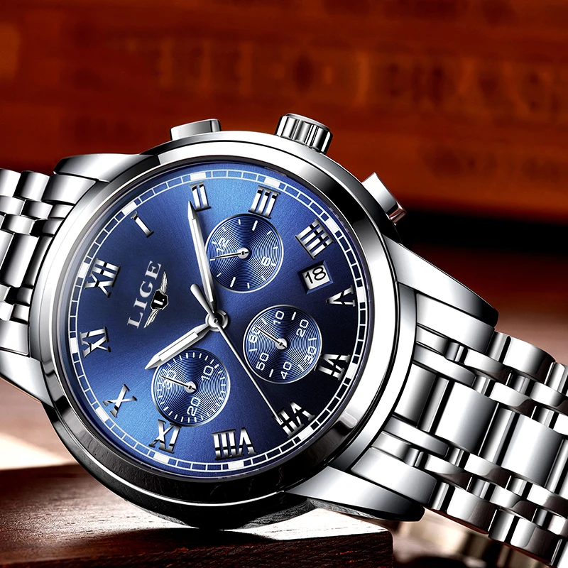 Часы наручные LIGE Мужские кварцевые брендовые Роскошные спортивные