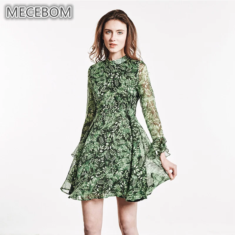 MECEBOM Women dresses summer fashion comfortable green long flare sleeve Leaves-print lady dress 216c | Женская одежда