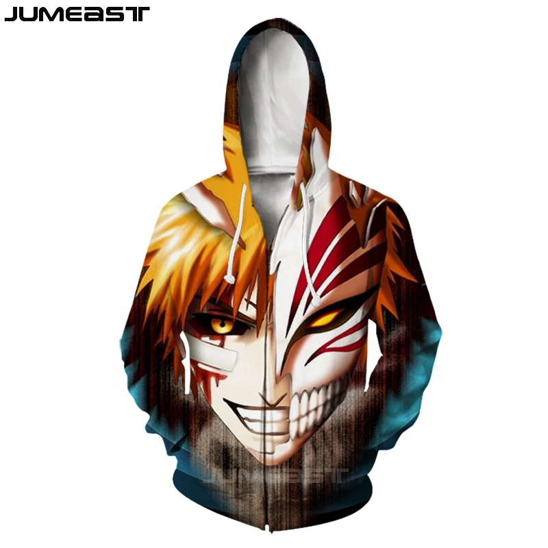 Jumeast бренд для мужчин/для женщин 3D печатных мультфильм Аниме Bleach куртка с длинными рукавами спортивный пуловер модные кепки капюшоном толстовки на молни