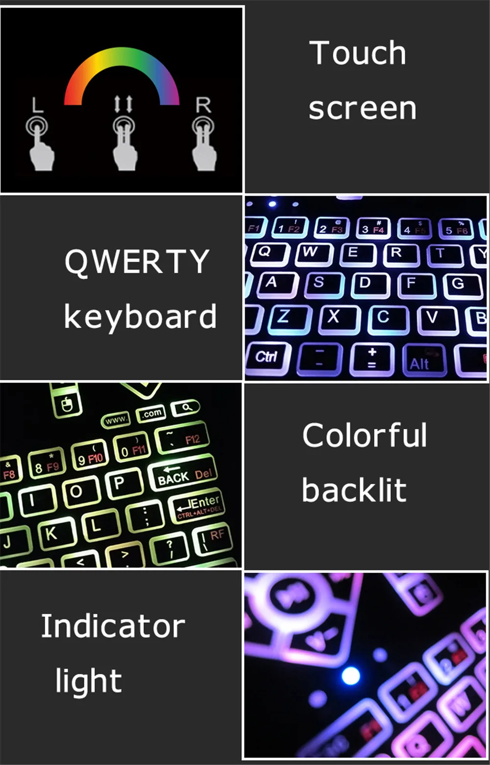 Цветная мини-клавиатура с подсветкой, 2,4 ГГц, беспроводная QWERTY клавиатура, воздушная мышь, Функция Smart Touchpad для компьютера, Android tv Box, HTPC