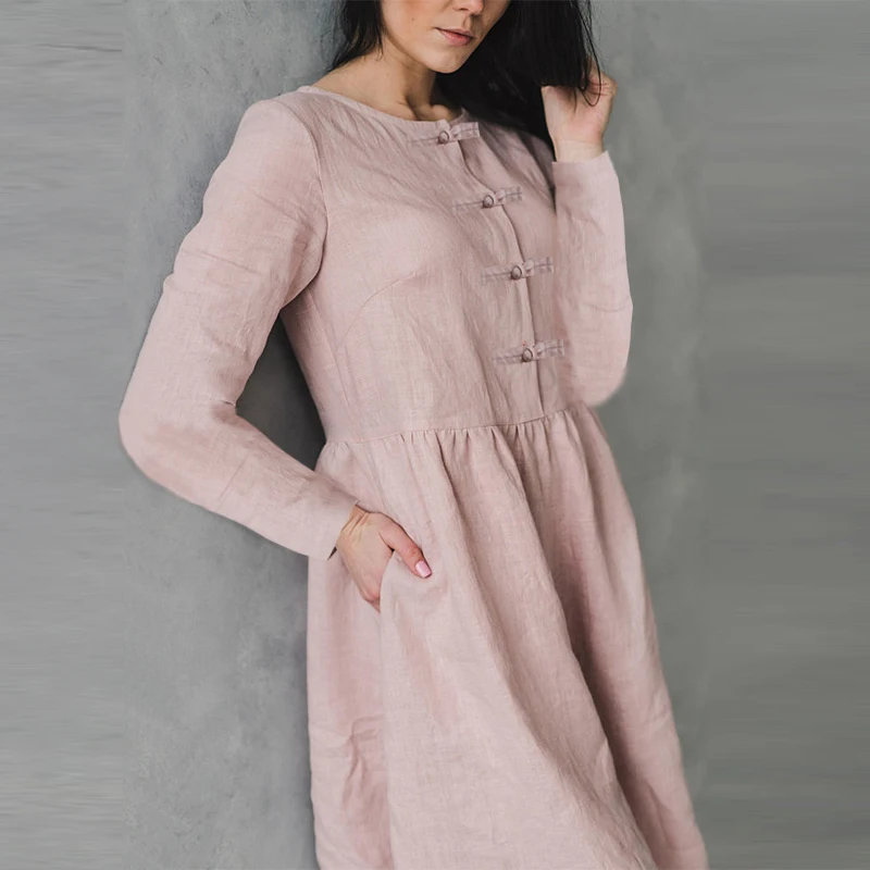 pink 2 Лето, винтажное льняное платье, женское, короткий рукав, пуговицы, одноцветные, повседневные, вечерние, длинные платья-рубашки, Vestidos размера плюс, 5XL - Цвет: pink 2