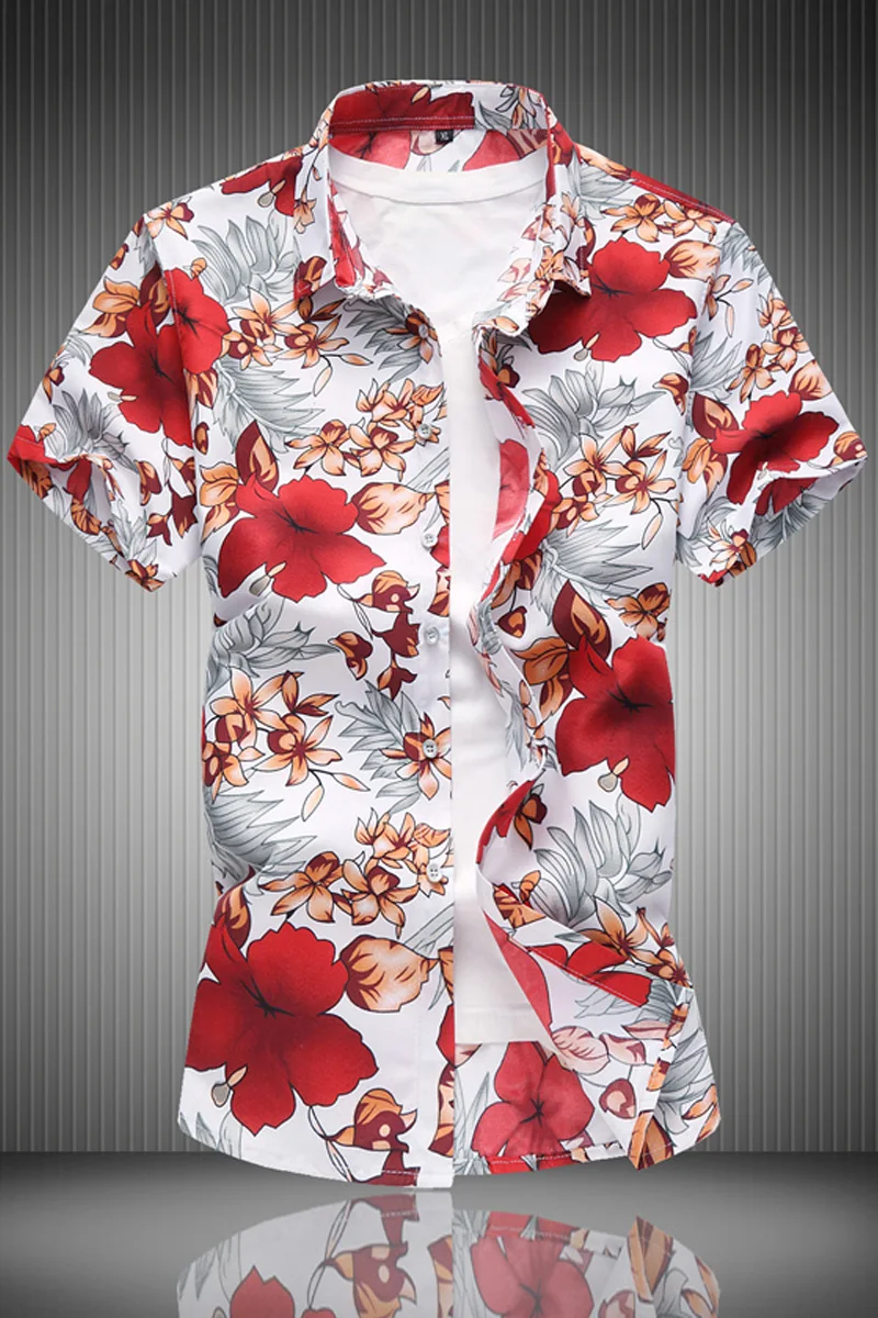 

7XL Cozimarstala Summer Men Short Sleeve Large Size Flower Printed Shirts Young Oversize Cotton Mens Slim Fit Floral Shirts