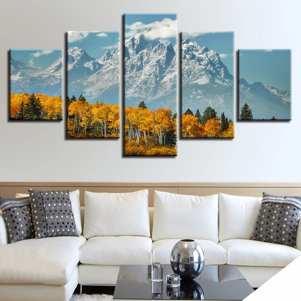 Original Oil Ink Canvas Painting Wall Art Frame HD Printed Pictures 5 Panel Poster Snow Mountain And Forest Photo | Дом и сад