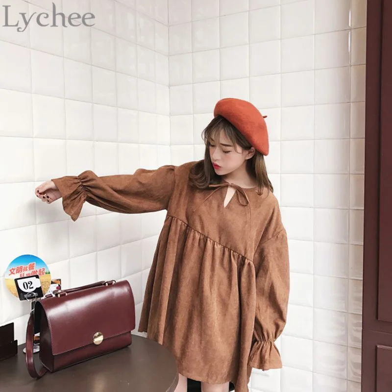 Женское вельветовое платье с рукавами фонариками на завязках|mori girl|women dress lacedress