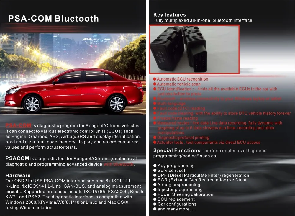 PSA-COM Bluetooth интерфейс OBD2 диагностики и программирования для Citroen/peugeot замена Lexia 3 PP2000 PSACOM PSA COM код читателя