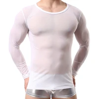 sexy mens undershirts male long sleeves clothing men o neck mesh breathable slim thin vest man undershirt tan tshirt