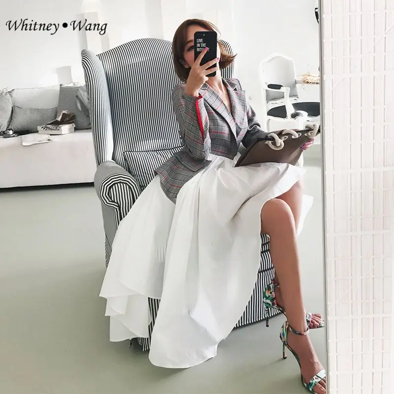 WHITNEY WANG осень 2017 г. мода Винтаж плед зубчатый лоскутное платье рубашка для женщин