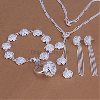 silver 925 jewelry sets for women fashion rose flower necklace ring bracelet earrings 4pcs wedding bridal costume jewellery sets