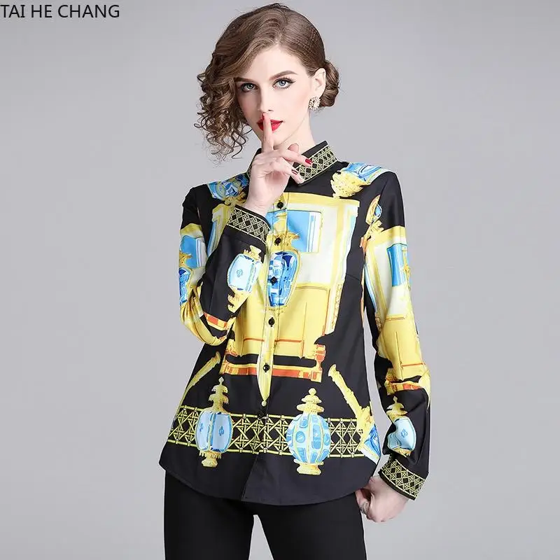 

2019 New Fashion High Quality Women Clothing Tops Blouses & Shirts Casual Print Long Sleeve Vintage Slim Shirt
