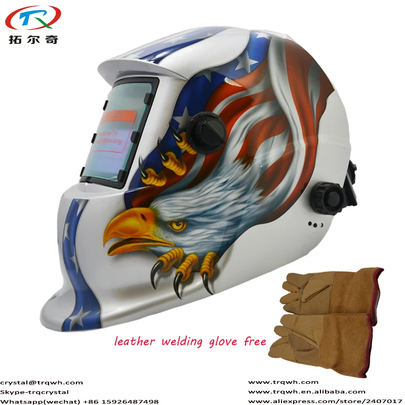 

trqwh Silver American Eagle Solar Auto Darkening Arc Tig Welding Helmet Big Clear View with Yellow Welding Glove TRQ-HD13-2200DE