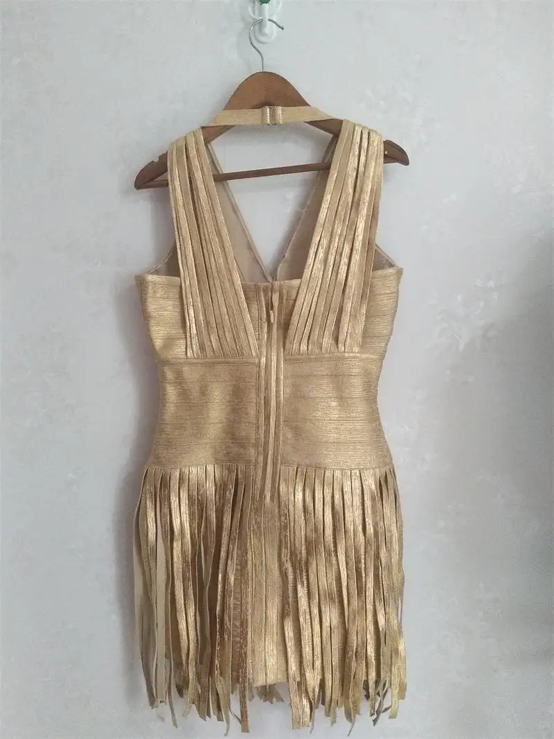 

Runway Celebrity Party Tassel Glitter Gold Bandage Dress With Fringe V Neck Gold Foil Printing Dress For Women Vestidos Bodycon