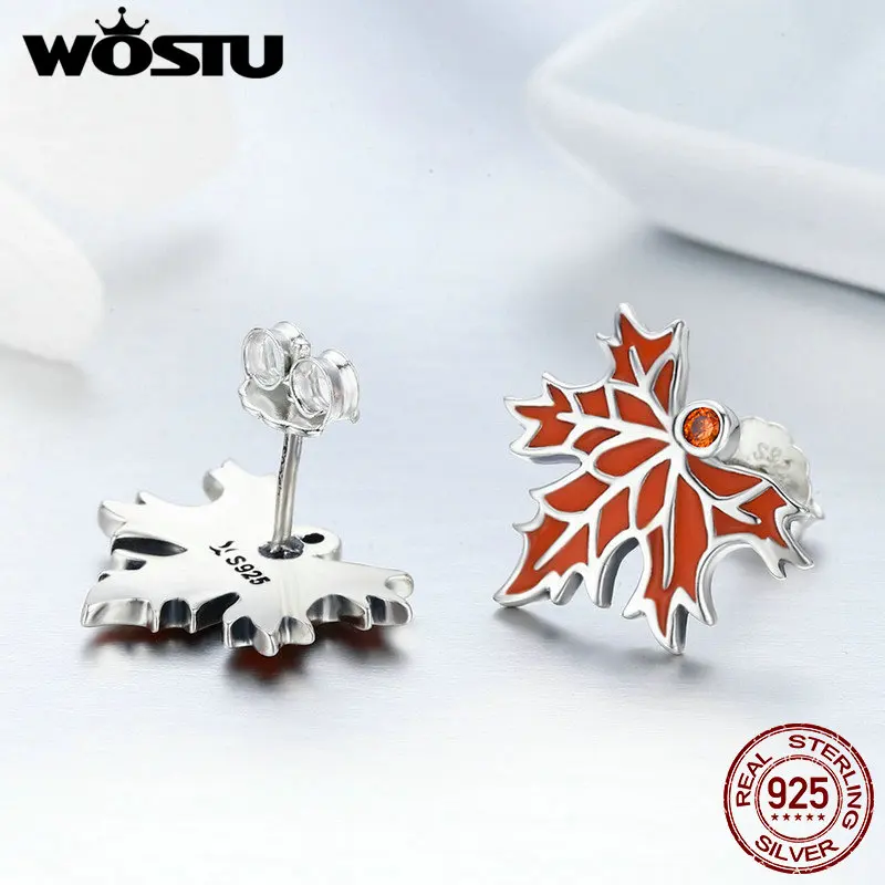 WOSTU 100% Серебро 925 пробы осенние серьги-гвоздики с кленовыми листьями для женщин