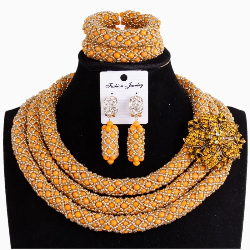 Costume Wedding Jewelry Sets Crystal Orange &amp Gold Womens Necklace Jewellery 3 Layers Handmade African Nigerian Beads Set | Украшения и
