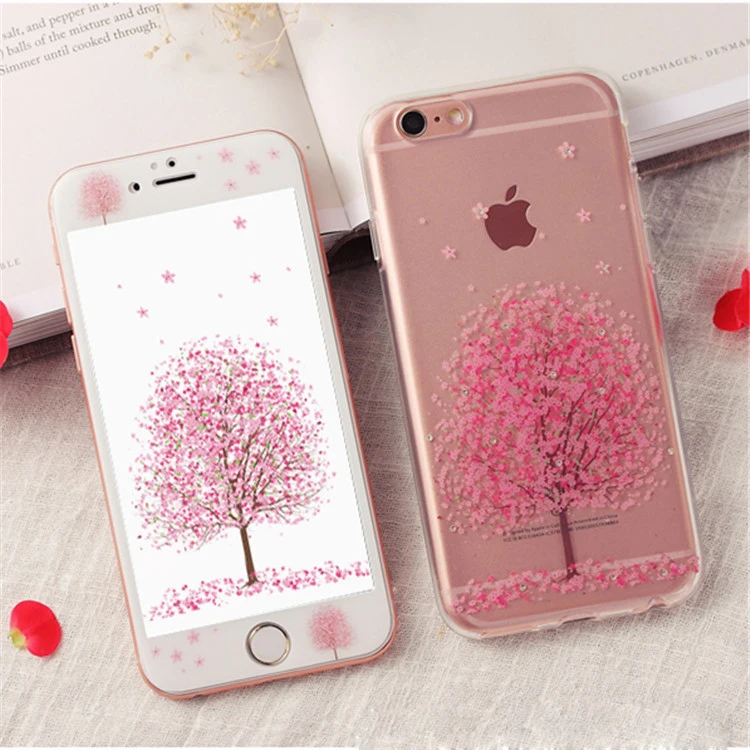 Мода Ясно Чехол Для Телефона iPhone 6 s плюс Вишни Rhinestone Защитная Мягкая TPU Задняя