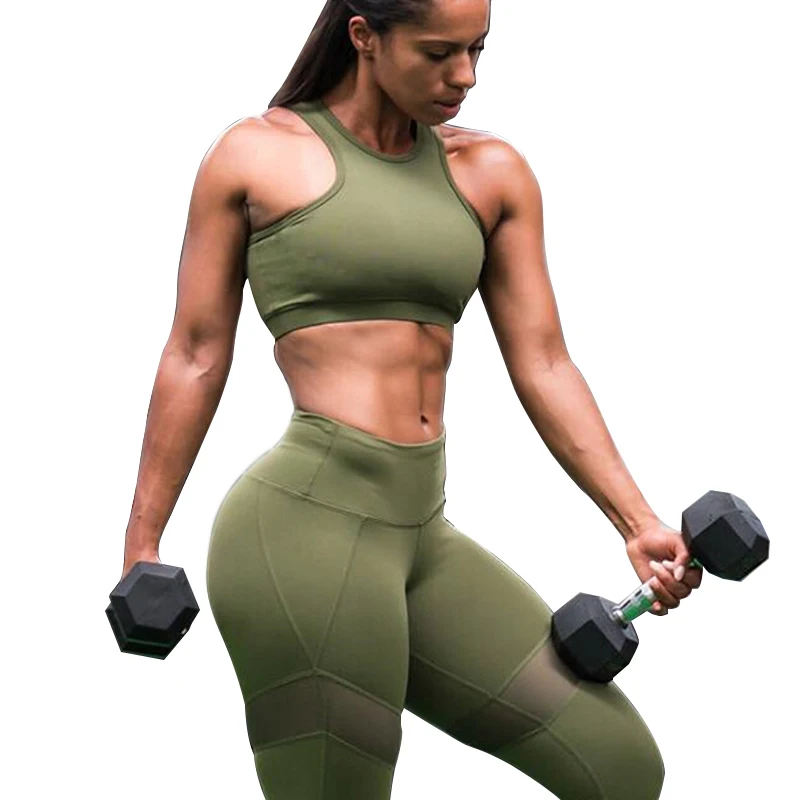 

Women Sports Suit Mesh Splice Yoga Set Padded Top Sports Leggings 2 PCS Gym Clothing 2018 Running Fitness Suit Sale