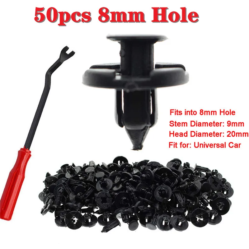 

50Pcs Universal Car Truck Bumper Fender Rivet Fastener Clips 8mm Hole Black for Nissan Door Panel Fender Liner with Removal tool