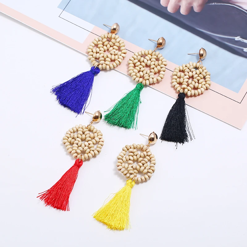 

Bohemian ethnic vintage wooden beads braided cutout star pendant earrings fashion simple women's chic tassel earrings jewelry