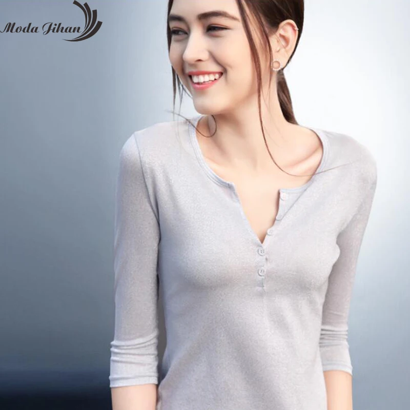 Moda Jihan простая стильная женская футболка с рукавом 3/4 женские топы из мягкого