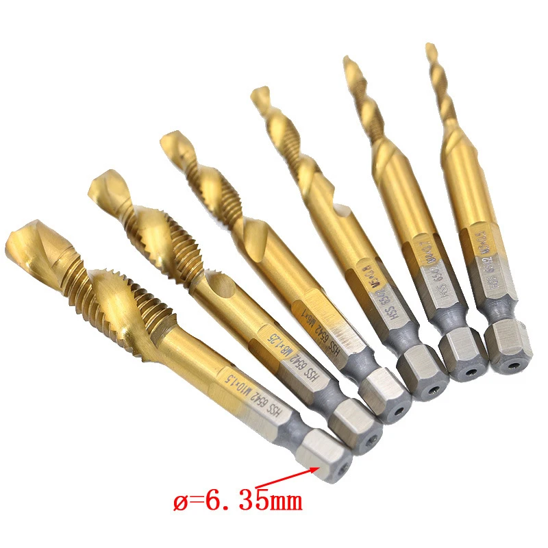 

6pcs Metric Hexagonal Handle Composite Tap Titanium Plated Drill Bit Hole Opening Tapping Chamfering HSS 6542 Screw Tap