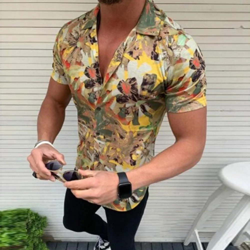 Летняя мужская рубашка с коротким рукавом отворотом топы Пляжная облегающая