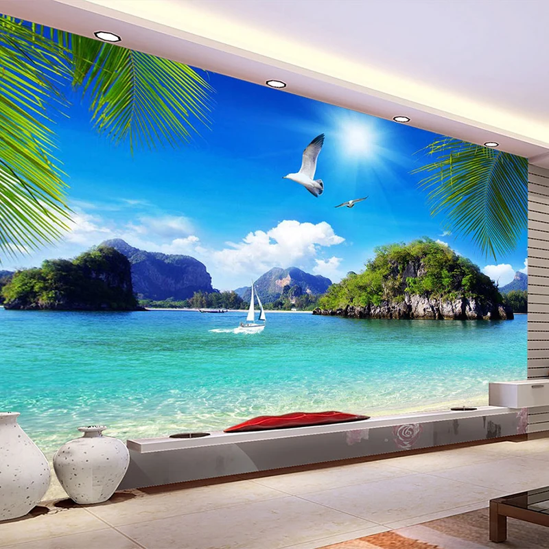 

3D Straw Non-woven Custom Mural Wallpaper Roll Stereoscopic Nature Blue Ocean Seascape Beach Photo Wall Cover TV Sofa Backdrop