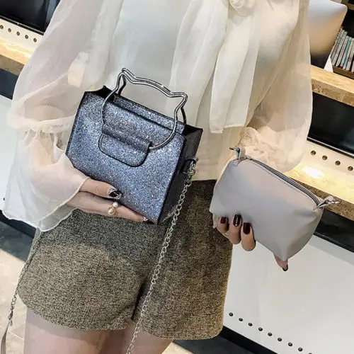 2PCS Women Sequins Handbags Bags PU Leather Cat Ears Shoulder Purse Totes | Багаж и сумки