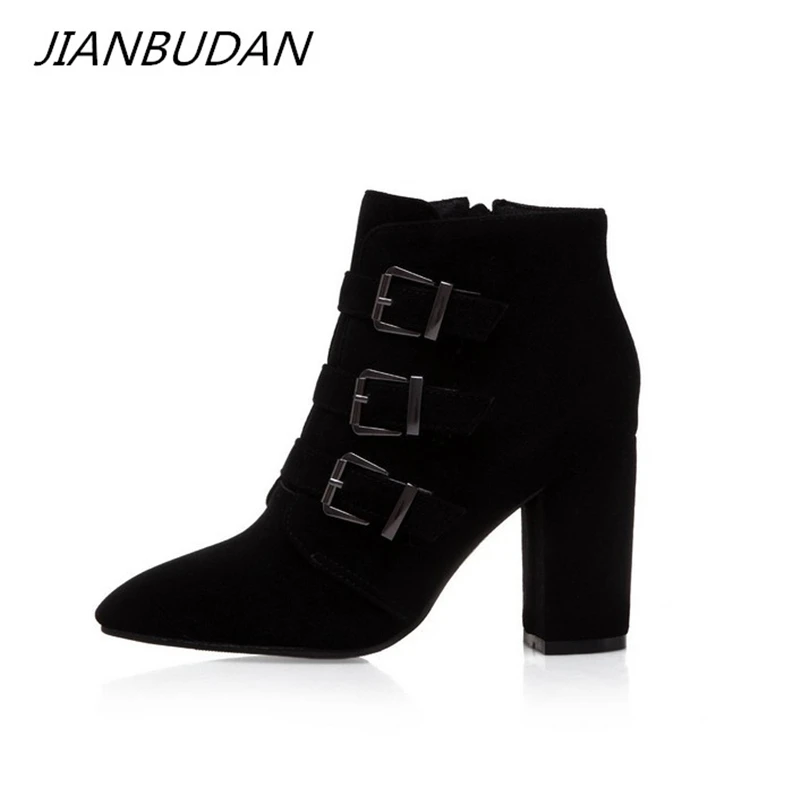 

JIANBUDAN Brand autumn sexy high heel boots Women's belt buckle fashion ankle boots High quality suede women's Pumps Size 34-46