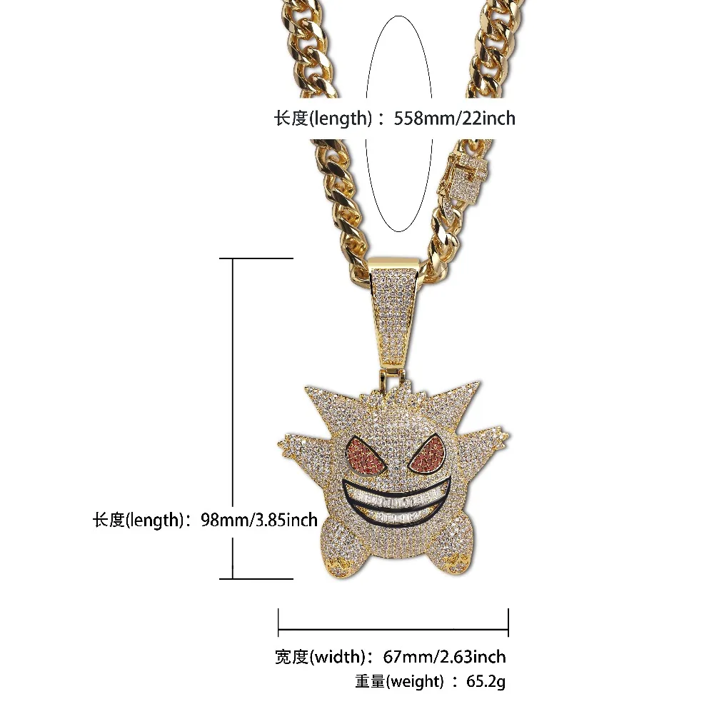 Супер большая подвеска Gengar Iced Out, мужское ожерелье с 12 мм кубинской цепочкой в стиле хип-хоп, персонализированные золотые серебряные подвески, ювелирные изделия
