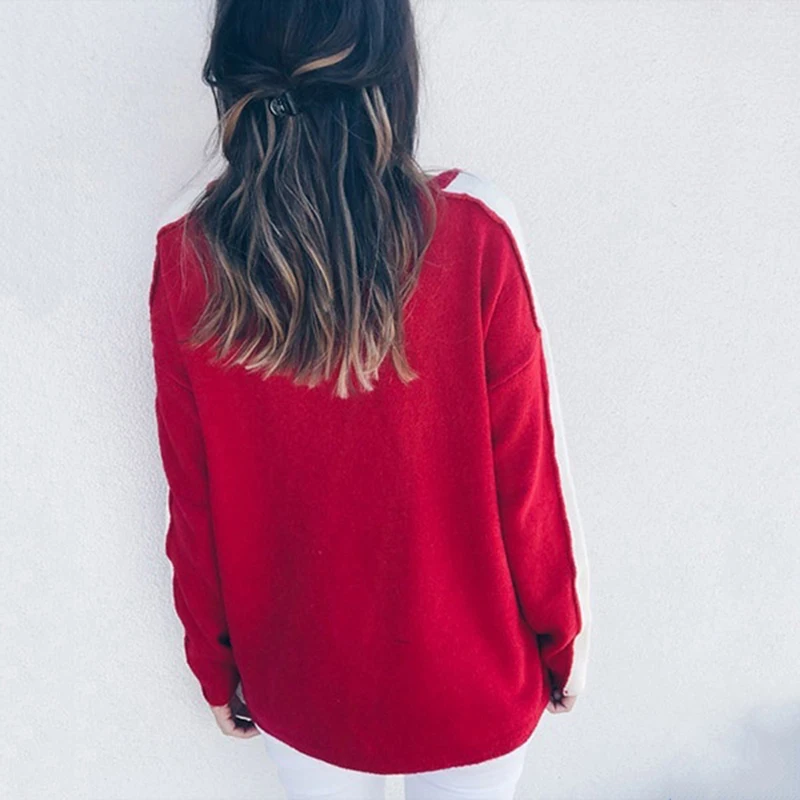 Women Casual Long Sleeve Deep V Neck Pullovers Autumn Loose Knitted Sweater Fashion Patchwork Color Tops | Женская одежда