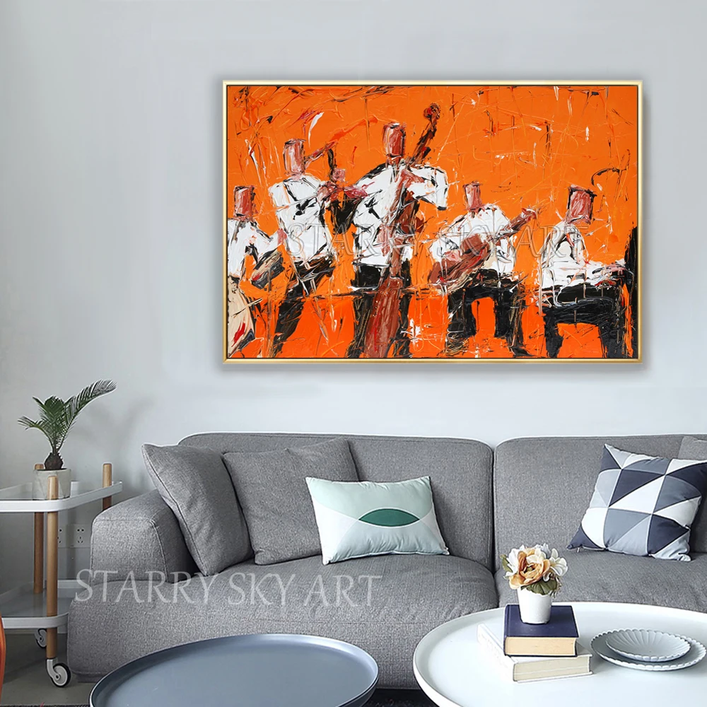 New Painting Abstract Wall Art Orchestra Figures Oil on Canvas and Musical Instrument | Дом и сад