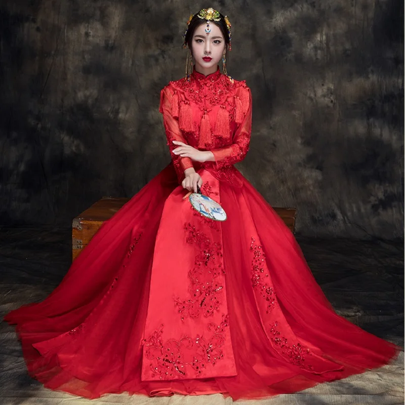 

2018 New Chinese style elegant Wedding clothing Xiu he bride Red wedding dress cheongsam show kimono costume female toast Outfit