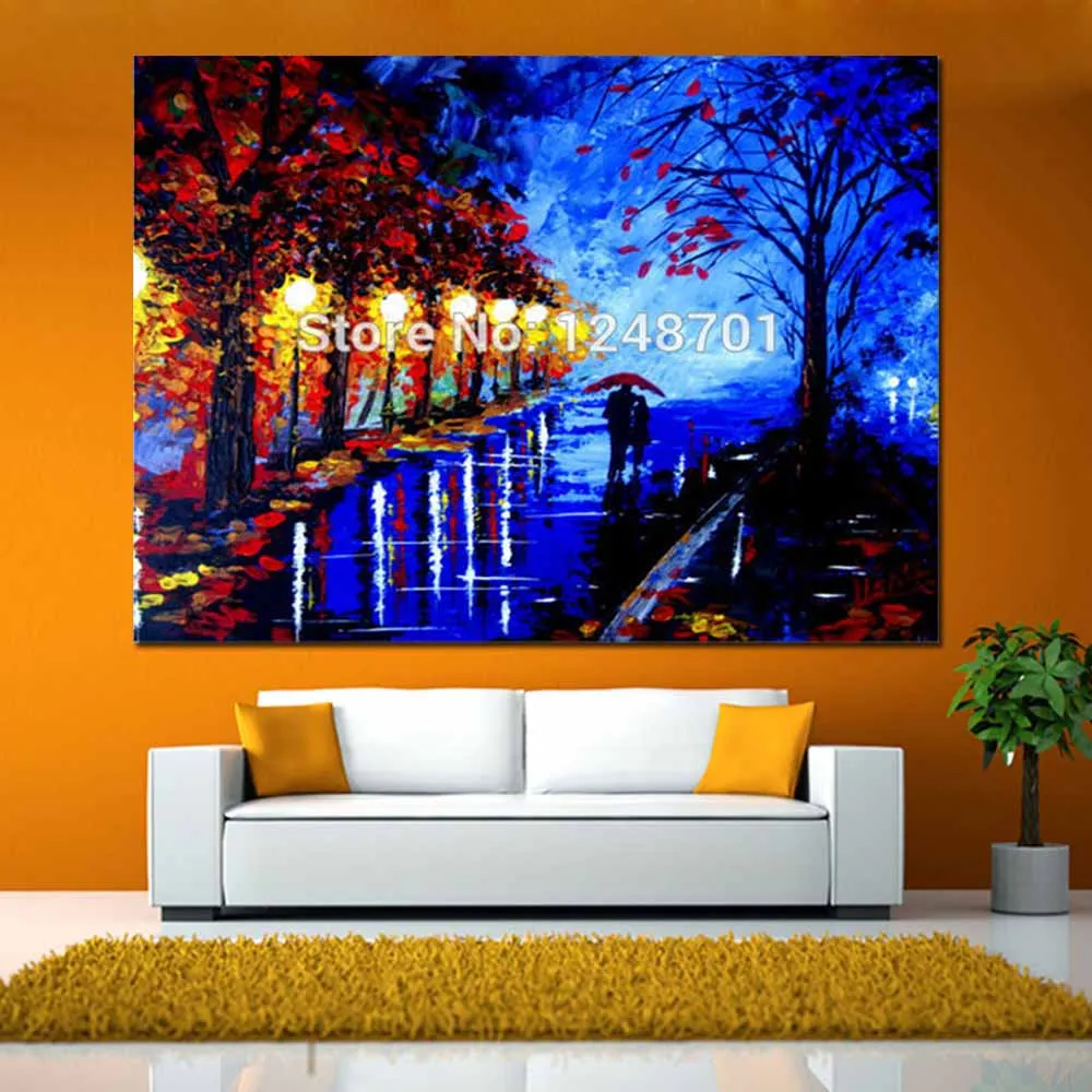 Ручная роспись акриловые абстрактные картины пары с зонтиком дождливая ночь