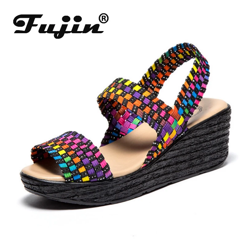 Fujin/летние эластичные плетеные сандалии ручной работы с эластичным ремнем Прямая