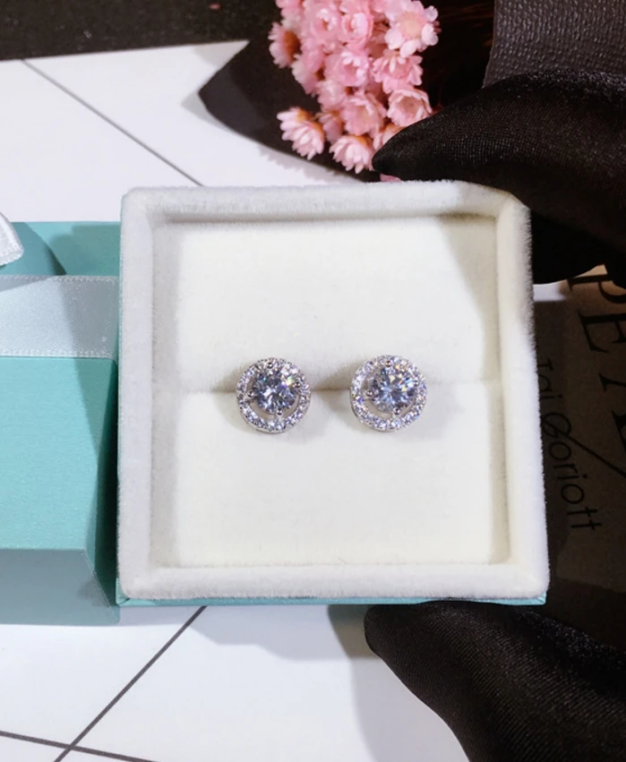 

Genuine 925 Sterling Silver Stud Earrings For Womens Round CZ Stones Crystal 10mm Luxury Wedding Engagement Earrings Jewelry