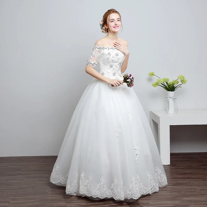Элегантное кружевное платье с открытыми плечами украшенное кристаллами Vestidos De