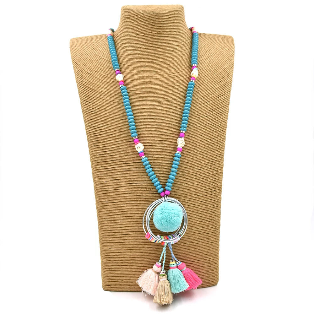 Женское длинное ожерелье с бахромой и помпонами розового цвета|long necklace|necklace