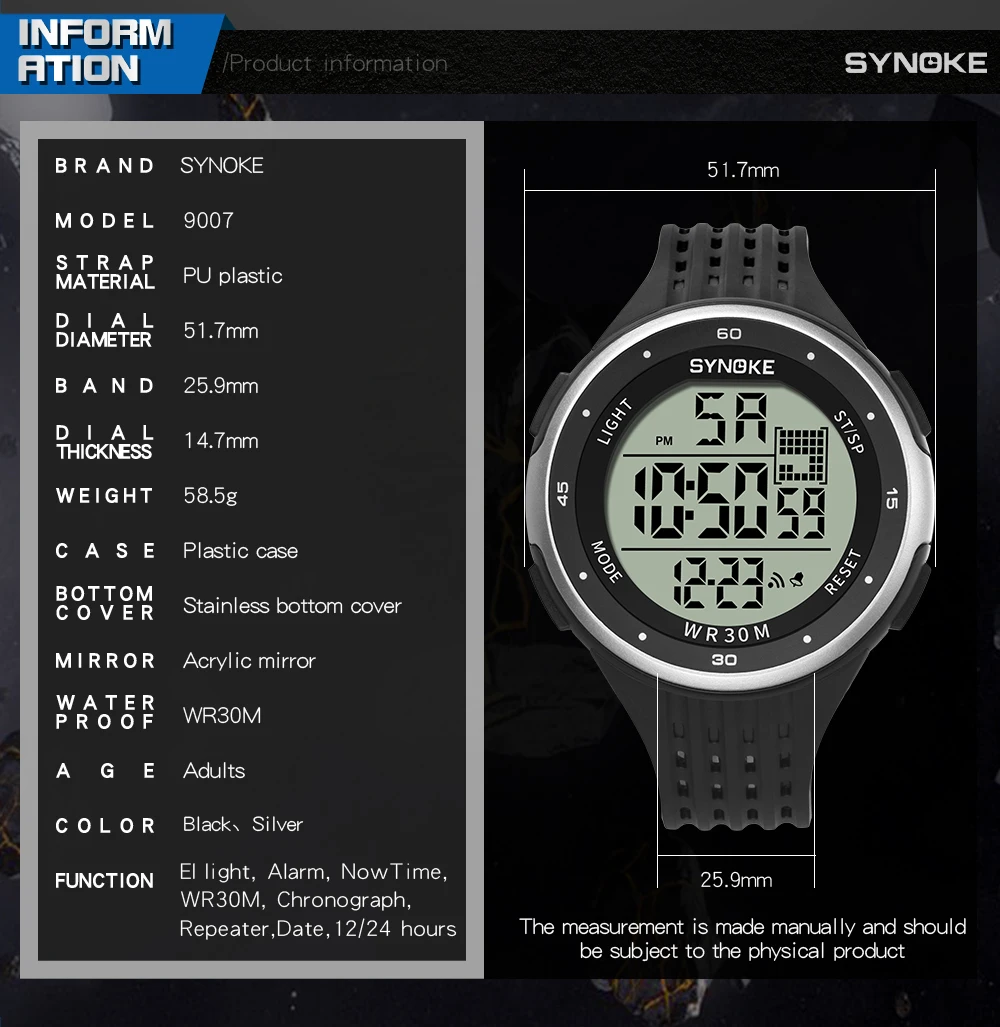 SYNOKE Men Digital Watch Sports Brand Waterproof Luminous Wristwatches Shockproof Large Dial Electronic Male Wrist Clock Men