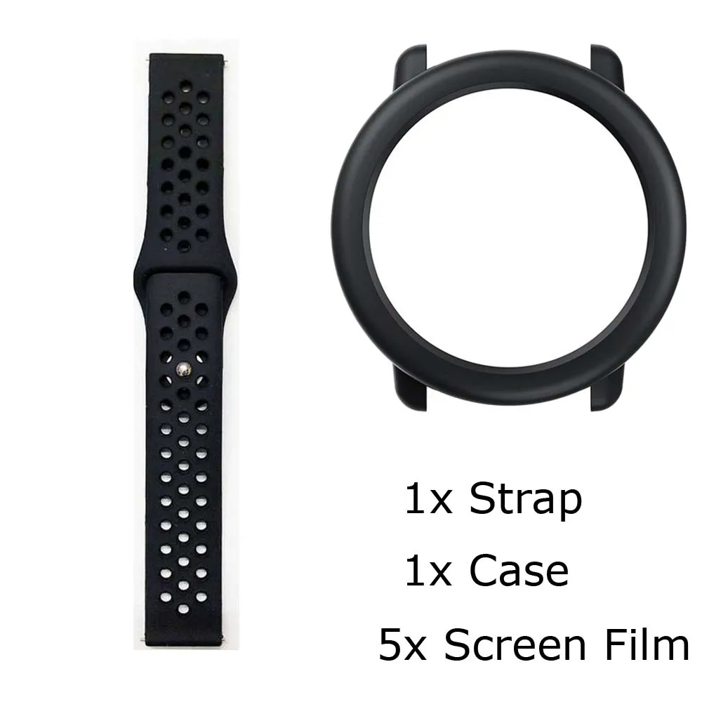 7/лот для Xiaomi Huami Amazfit Pace ремешок для часов браслет силиконовый Pulsera Correa Band защитный чехол Защитная пленка для экрана - Цвет: BlackBlack-BlackCase