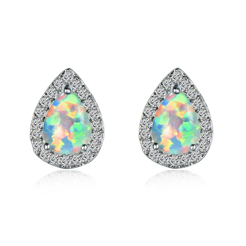 Silver White Opal Серьги-гвоздики с австрийскими кристаллами в форме груши для женщин, 925 серебро, розовое золото, заполненные радугой, белые, синие, зеленые серьги с огненным опалом для женщин - Окраска металла: Silver White Opal