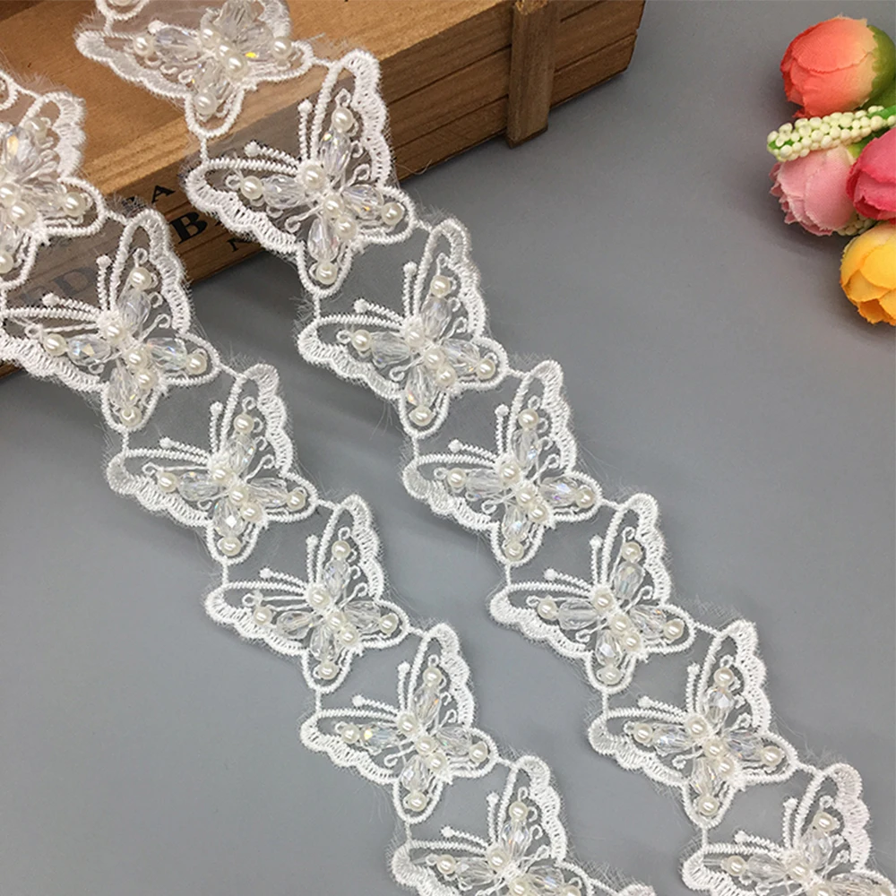 20x нигерийская кружевная ткань 3D жемчужина бабочка вышитая отделка бисером лента