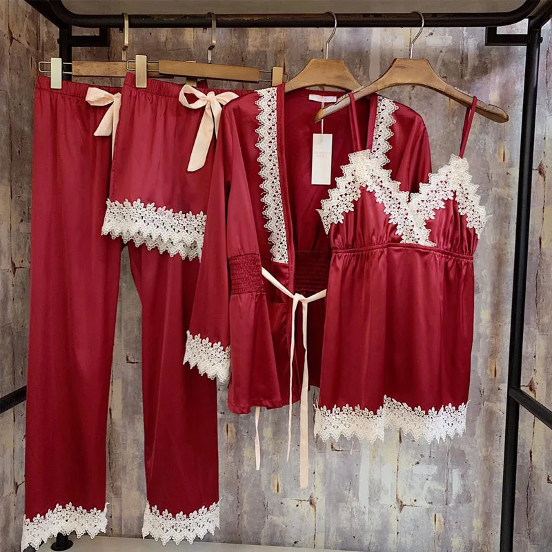 red(weight45-63kg) Пижамы для женщин, 4 шт., пижамные комплекты, женская одежда для сна, сексуальная шелковая атласная Женская пижама на шнуровке, Элегантная Шелковая пижама, домашние костюмы - Цвет: red(weight45-63kg)