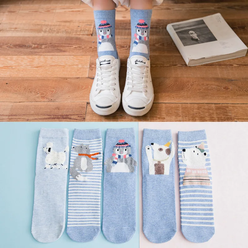 5 pairs-Penguin Новые модные женские носки до середины икры на каблуке в стиле Харадзюку, милые женские повседневные носки с принтом красного сердца, Meias, авторский Новинка колледжа, Sokken - Цвет: 5 pairs-Penguin