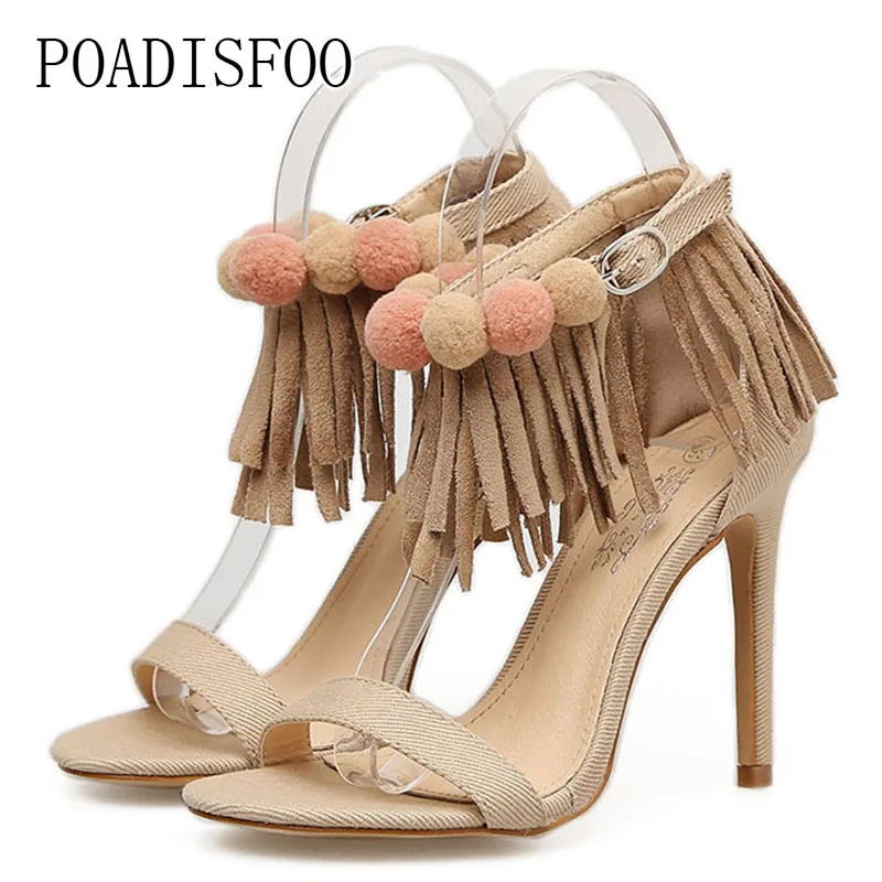 COWCOM 2018 весенние и летние джинсовые сандалии на высоком каблуке с кисточками