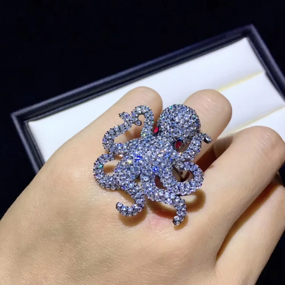 

octopus cuttlefish ring 925 sterling silver with cubic zircon bling bling cocktail ring fine women jewelry index finger ring