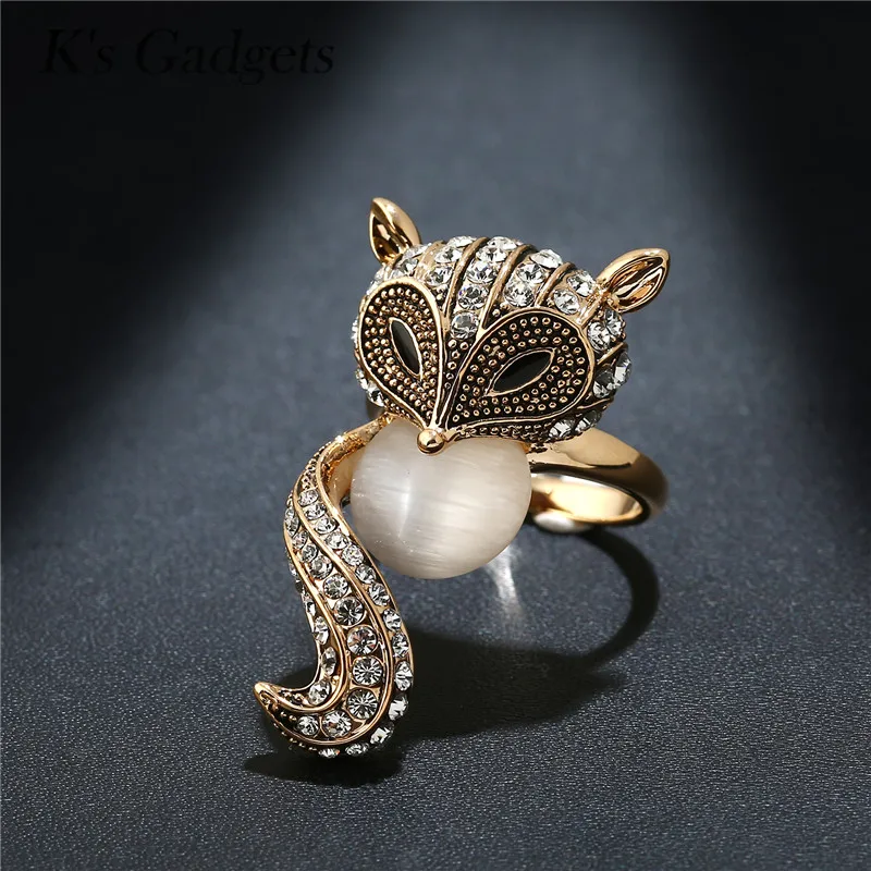 Животных Фокс кольца для Для женщин Природный камень опал Antique Rose Gold Цвет со