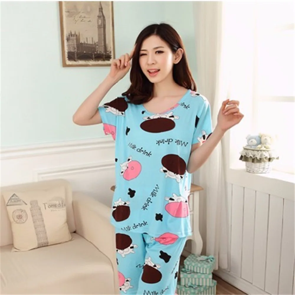 Новые женские Повседневное пижамный комплект мультфильм Печать шею с коротким