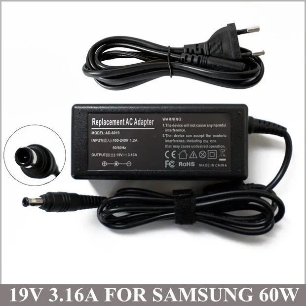 

19V 3.16A 60W AC Adapter PC Charger For Notebook Samsung NP-QX411 NP-QX411-W01UB NP-QX412 NP-RV520I NP-RV520-A07UK