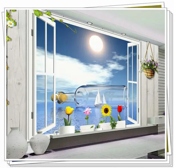 New large wallpaper Custom 3D glass boat idyllic mural wall paper papel de parede stickers Free shipping8644 beac|stickers ps2|sticker artstickers