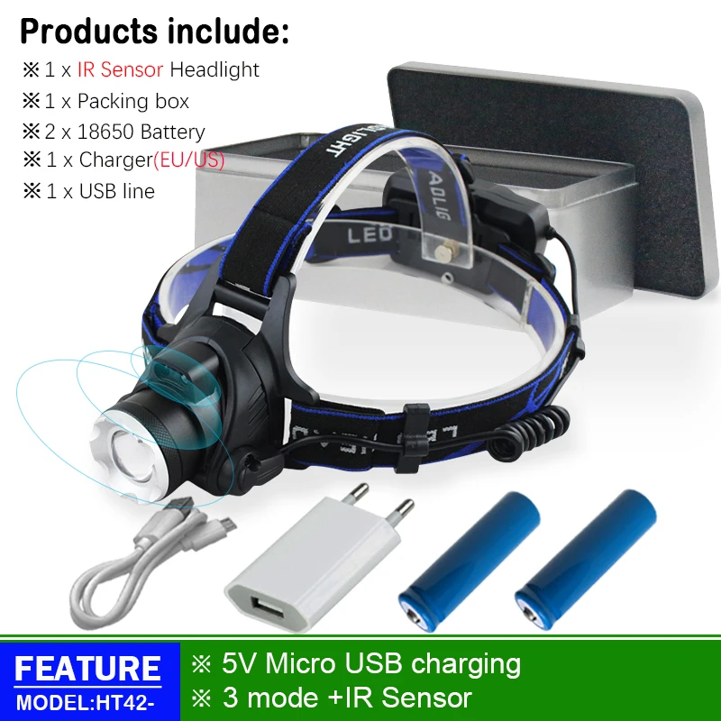 ИК-датчик фары белый желтый светильник cree xm l2 светодиодный налобный фонарь USB 18650 перезарядки головы фонарик светодиодный головной светильник светодиодный xml t6 - Испускаемый цвет: B-BOX
