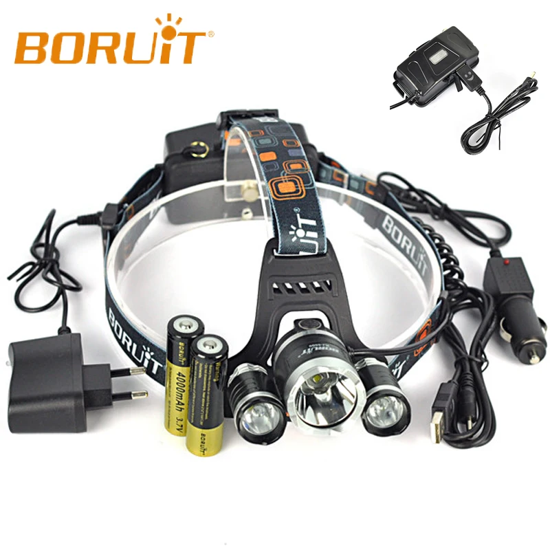 

Boruit RJ-5000, 5000 лм, 3 Cree XM-L2, 4 режима, светодиодный налобный фонарь для кемпинга, охоты, Головной фонарь + 2*18650 батареи + Автомобильное зарядное уст...